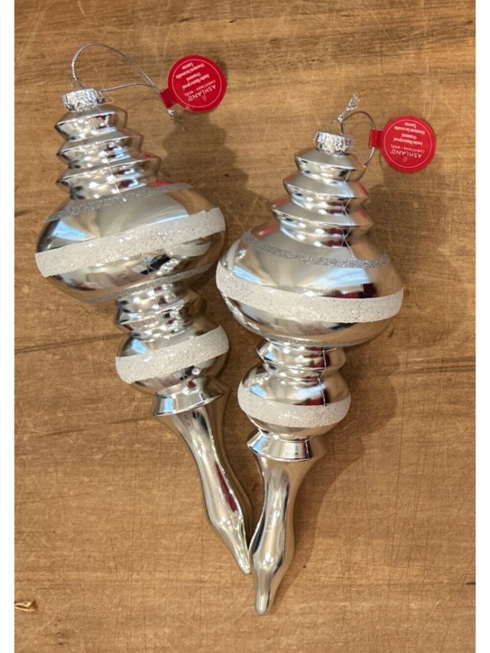 2- Ashland Jumbo Silver Christmas Finial Ornaments Shatterproof 13" Large NEW